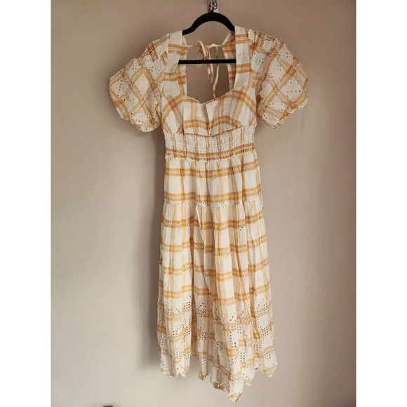 NWT Anthropologie Puff-Sleeve Eyelet Midi Dress Size S Yellow #9H413 - Picture 2 of 11